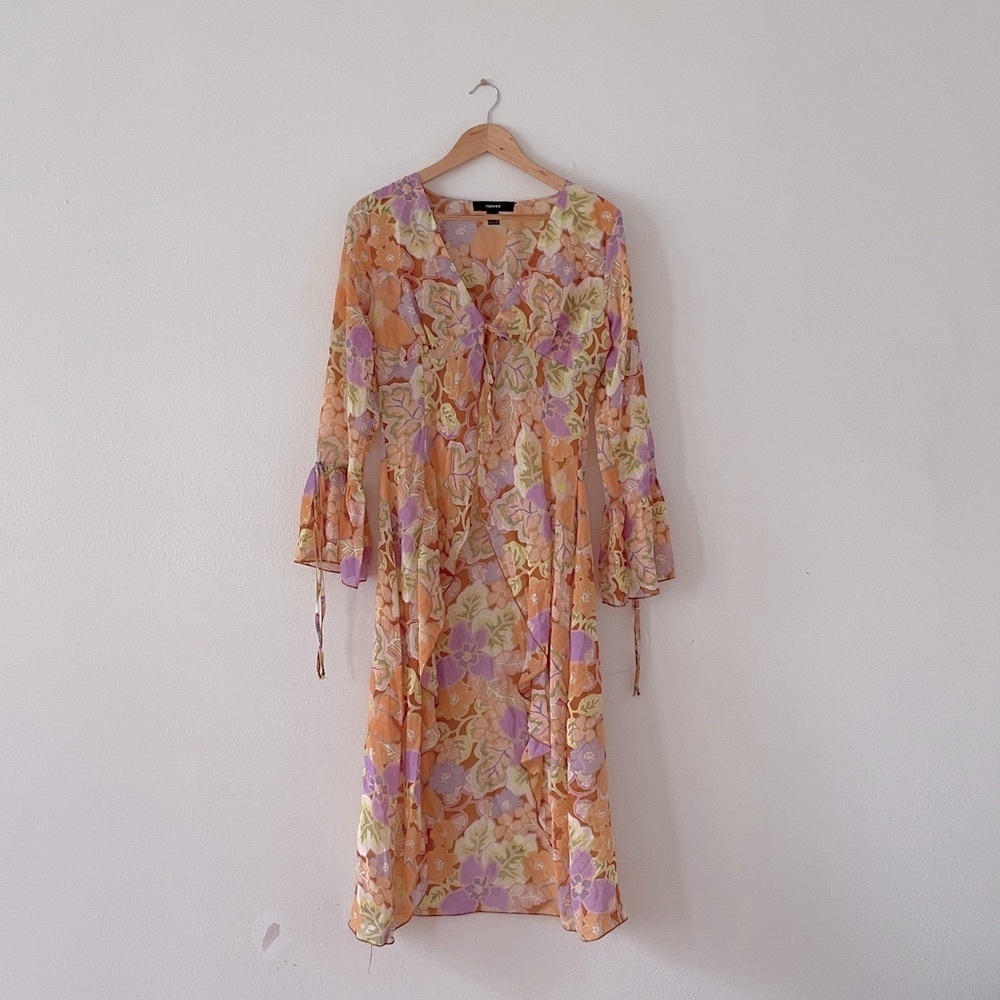 Forever 21 Sheer Overlay Y2K Floral Open Front Bell Sleeve Midi Cardigan Coastal